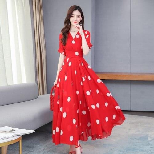 Black White Red Polka Dot Maxi Dress Women Summer Holiday Chiffon Dress V-neck High Waist Elegant Big Swing Boho Dress