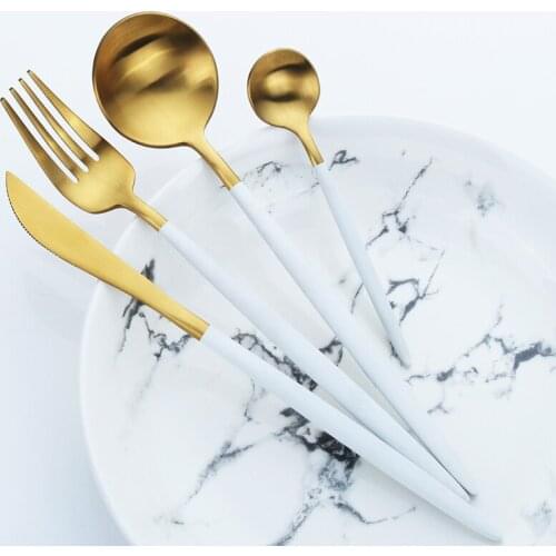 Drop Shipping Stainless Steel Cutlery White Golden Dinnerware Set Dinner Tableware Kitchen Accessories Western Cutlery