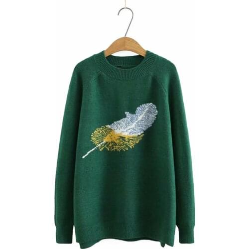 Plus size O neck feather print women loose sweaters 2021 new winter casual ladies knitted sweater female green pullovers tops