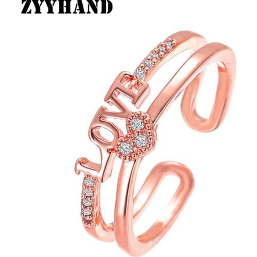 Rose-Gold LOVE Letter Clean Stone Adjustable Ring AAA Zircon Girl Heart Engagement Elegant Wedding Lady Jewellery