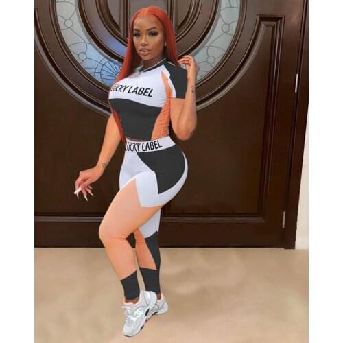 Sexy Women Clothing Lucky Label Two Piece Set Short Sleeve T-shirt Pants Suits Fitness Running Sportswear Tracksuit Wholesale