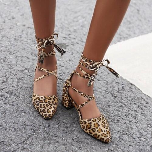 Women Pumps Pointed Toe Lace Up Femme High Heels Summer 2021 Fashion Ladies Party Leopard Shoes Womens High Heels Sandalies
