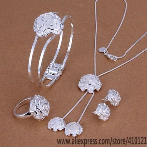 S245 Hot Sale High Quality Anniversary Jewelry Sets, Jewelry Elegant Charms Fashion Rose Ring Stud Earrings Bangle Necklace