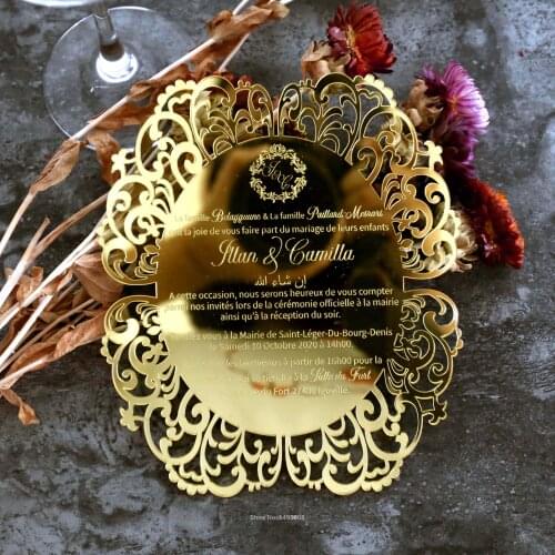 Mirror Gold wedding menu, Laser Cut Modern Style Wedding invitation ,Personalize wedding menu for guests, Mirror gold table menu