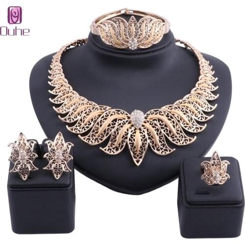 Women African Jewelry Sets Gold Color Fashion Bridal Wedding Elegant Romantic Wedding Crystal Necklace Earring Jewelry Sets