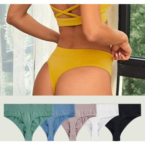 Seamless Women Pantys Thongs High Waisted Soft Breathable Skin-Friendly 6 Solid Colors Female Sports G-string Cotton Wide Band