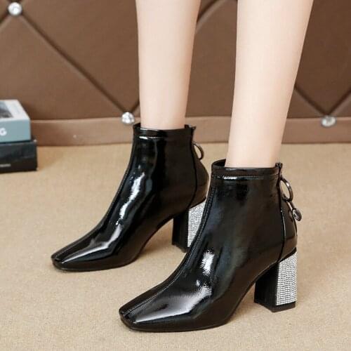 7cm Heels Womens Leather Boots Women Heel Crystal Beige Black Boots Apring Autumn Fashion Sexy Square Toe Ankl Boot for Woman