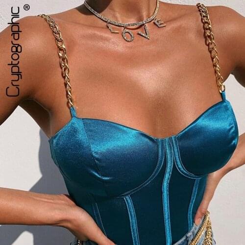 Cryptographic sleeveless chain satin summer crop tops for women sexy backless bralette short cropped strapless feminino tops