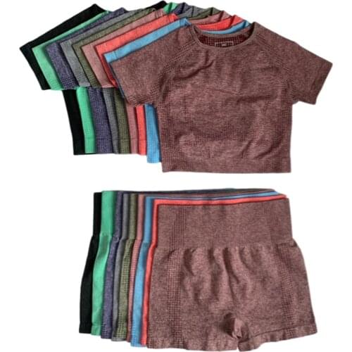 2 Piece Set Women Vital Seamless Yoga Set Fitness Short Sleeve Crop Top Shirts + Running Shorts Workout Clothes Women Gym Set