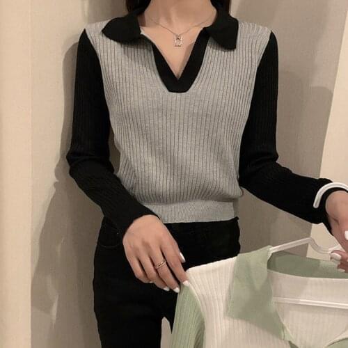 Spring Autumn New Contrast Color Knitted Sweater Womens All-match Pullover Top Long Sleeve Turn-down Collar Women Sweater Mujer