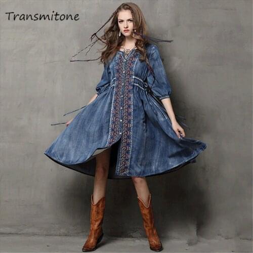 Women Denim Dress 2019 Vintage 100% Cotton Dress Half Sleeve V-Neck A-Line All Match Drawstring Loose Women Dresses Vestidos