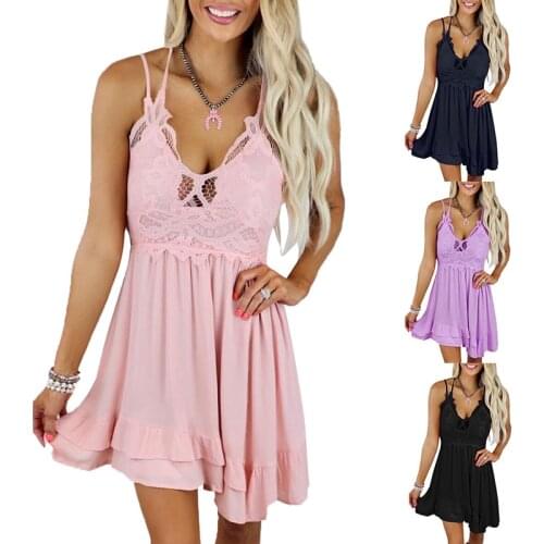 Summer Women Lace Mini Dress Sexy Backless V-neck Beach Dresses Sleeveless Spaghetti Strap Sundress Pink Dress
