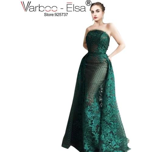 VARBOO_ELSA Vintage Mother Style Evening Dress vestido de festa Green Lace Long Sleeve Special Occasion Gown Detachable Train
