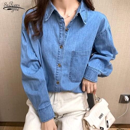 2020 Korean Vintage Denim New Fashion Cotton Jeans Blouse Femme Casual Long Sleeve Cardigan Women Tops Women Shirt Blusas 11969