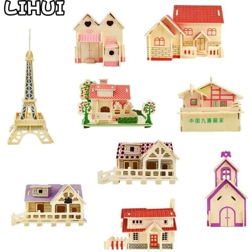 3D Wooden Puzzle Toys Jigsaw Architecture House DIY Manual Assembly Puzzles for Kids Learning Educational Wood Toys for Children