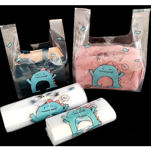 50pcs/lot Transparent Plastic Bags With Handle Cartoon Little Dinosaur Tote Bag Clothing Gift Baking Dessert Packaging Bag 8Size