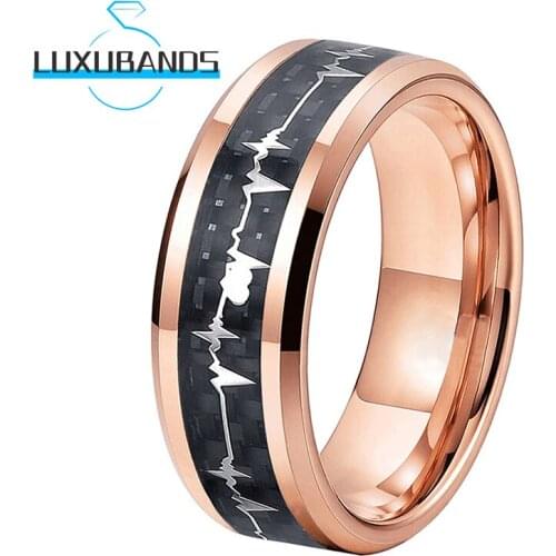 8MM Womens Tungsten Carbide Rings Rose Gold Beveled Edges Heartbeat Black Carbon-Fiber Inlay Polished Finished Comfort Fit