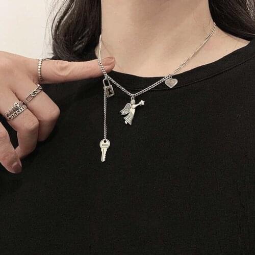 High Street Butterfly Angel Key Letter Pendant Necklace for Women Statement Pearl Asymmetry Chain Smile Face Necklace Jewelry