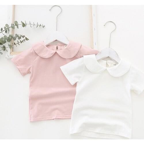 Children Tops Kids Clothes Girls Cotton T Shirts Short Sleeve Summer Peter Pan Collar T-Shirts White Blouse Toddler Girl Shirts