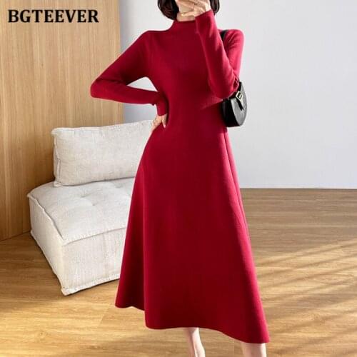 BGTEEVER Elegant Ladies Turtleneck Knitted Dress 2021 Autumn Winter Female Knit Vestidos Slim Waist A-line Women Dress