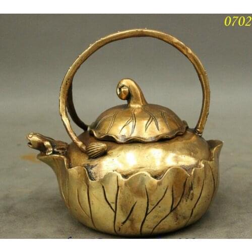 Classic Chinese Auspicious Brass Copper Frog Lotus Shape Statue TeaPot Wine Pot