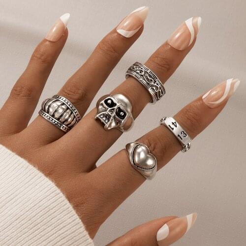 Docona 5pcs/set New Trendy Heart Letter 1314 Couple Ring Set for Women Men Punk Geometry Skull Silver Color Ring кольц 20054