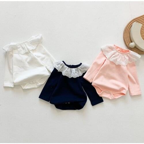 Spring Lace Collar Newborn Infant Baby Girls Pure Color Rompers Clothing Kids Girl Jumpsuit Long Sleeve Rompers Clothes