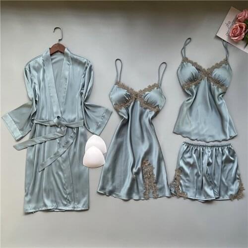 4PCS Sexy Top&Shorts Women Pajamas Sets Spring New Satin Lace Pijamas Sleep Suit Sleepwear Nightwear Casual Lounge Home Wear
