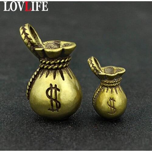 Brass Money Bag Keychains Hanging Pendants Trinket Metal Pure Copper Lucky Purse Keyrings Charms Ornament Vintage Handmade Craft