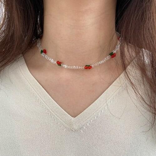 Cute Red Cherry Choker Necklace For Women Girls Fashion Korean Fruit Transparent Beads Necklaces 2021 Trend Jewelry Gift