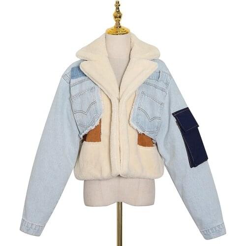 Fashion blue Denim Jakcets Winter Women Coat 2020 Faux Fur Women Clothing Chiffon Street Cotton Jacket