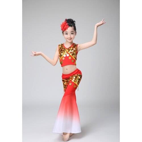 New children girl chinese costume dance clothing set stage costumes for female Dai ethnic peacock dance dress dance clothes