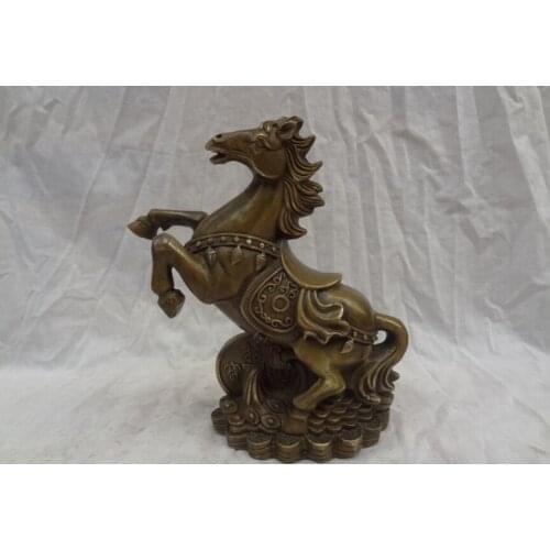 Song voge gem S2858 9" Folk Chinese Bronze Animals FengShui YuanBao Up Jump Horse On Coin Statue
