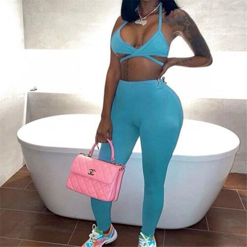 Sexy Women Low-Cut Halter Camisole Top+Skinny Pants Two Piece Sporty Sets Solid Backless Streetwear Casual Matching Tracksuits