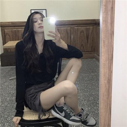 Sun Protection Shirt Hooded Black Round Neck Long-sleeved T-shirt Women Summer New Style Korean Loose Slim Top