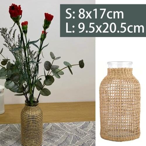 Glass Vases Handmade Straw Bottle Holder Living Room Table Decoration Transparent Water Hydroponics Flower Rope Dry Flower Vase