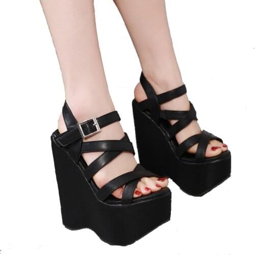 16cm High Heels Platform Wedges Shoes Black High Heels With Cross Straps Ladies Platform Shoes Gladiator Sandals Chunky Heels