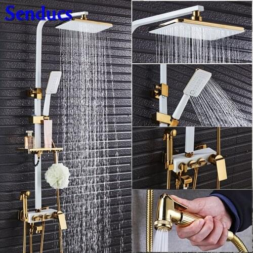 Senducs White Gold Shower System Quality Brass Bathroom Shower Faucet 8 Inch Rainfall Top Shower Luxury Brass Bath Shower Set