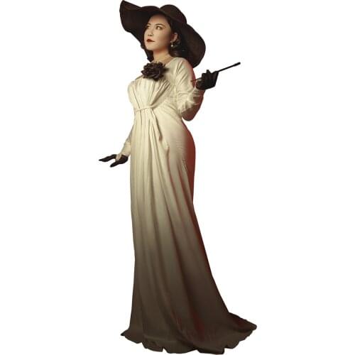 Xcoser Vampire Alcina Dimitrescu Long Dress Halloween Satin Beige Evening Gown Full Set Cosplay Custome For Women