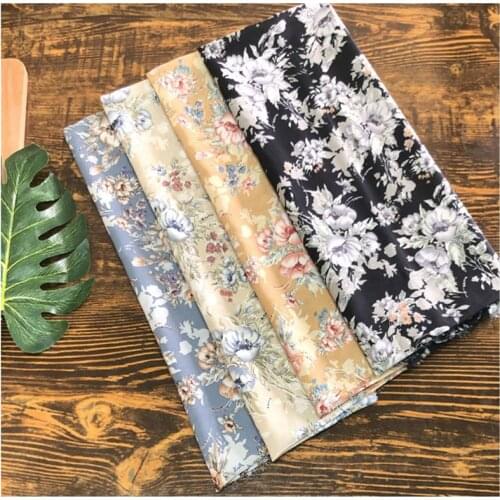 South Korean Silk Chiffon Cloth Clothing Fabric Thin Printed Apricot Black Blue Floral Fashion Dress DIY Cloth/1 M