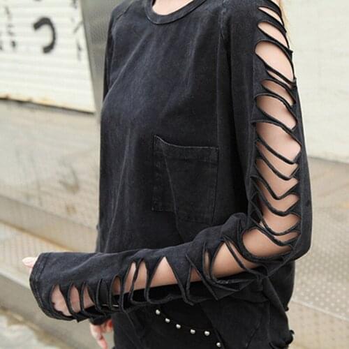 2021 Street Punk Fashion Womens Hole Personality Tassel Pocket Loose T-Shirt Female Washing Cotton Womens Clothing Clothes