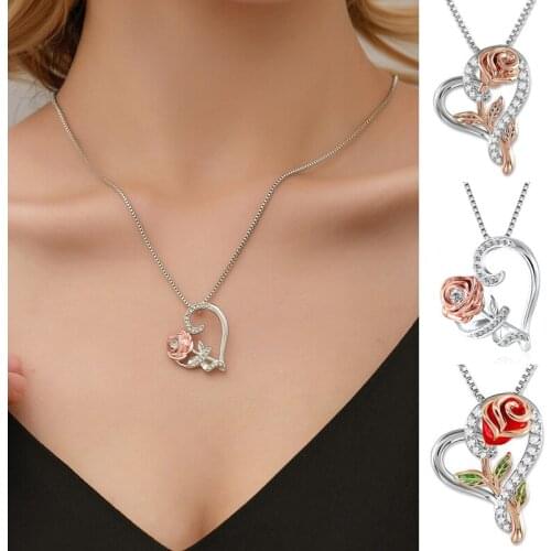 Women Necklace Charm Jewelry Gold Color Delicate Love Rose Flower Pendant Necklaces Valentines Day Gift