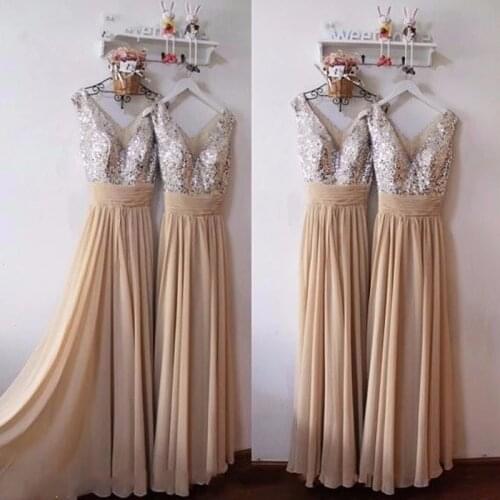 ANGELSBRIDEP V-Neck Long Bridesmaid Dresses Vestido Da Dama De Honra Bling Bling Sequin Formal Wedding Party Prom Hot Sale