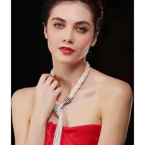 10row Sweater chain tassel pendant multi zircon interlayer with pearl necklace long tassel for girlfriend Necklace 32inch