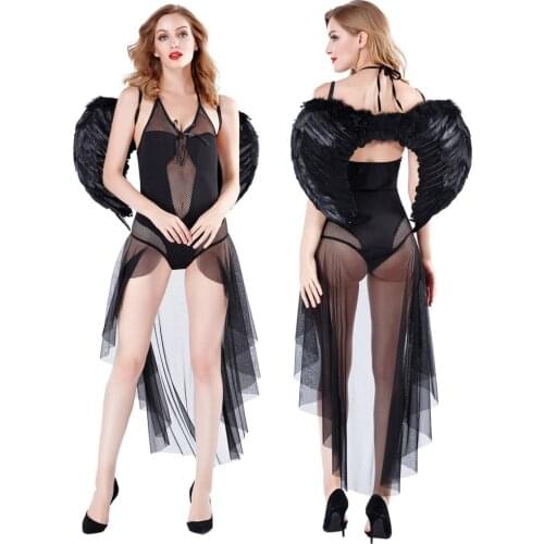 Black sheer mesh Fallen Angel Dress With Wings Women Sexy Cosplay Costume Halloween Party Game Role Play Lingerie Fancy Dress