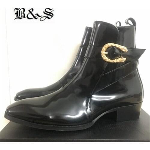 Black& Street 2019 new Big Buckle Strap Patent leather wedge ankle Boots pointed toe handmade new designer leather shoes