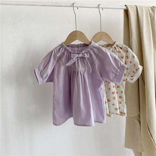 Koodykids Kids Baby Girl Soft Vintage Shirts Purple Bow Shirt Floral Summer Short Sleeve Princess Shirts Autumn 1-7 Years 2021
