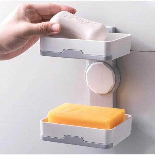 Double Layers Soap Box Wall Mounted Soap Dish Suction Holder For Kitchen Sponges Storage Basket Soap Box Bathroom Accessories