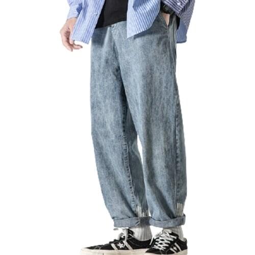 2021 Spring Premium Quality Fashion Vertical Stripes Printed Straight Jeans Loose Mens Trendy Cropped Trousers High Street