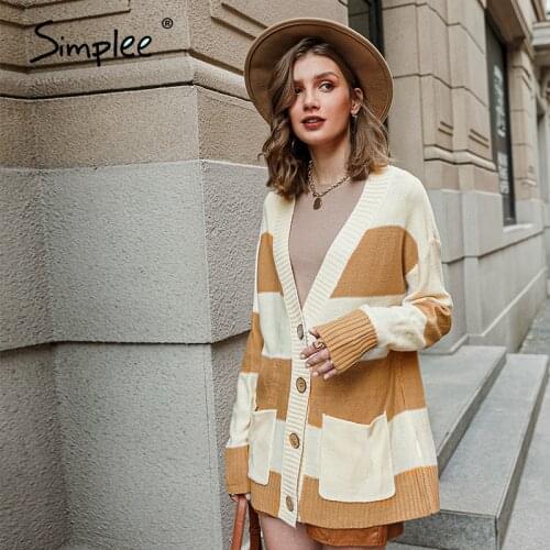 Simplee Vintage striped knitted cardigan women 2020 Autumn winter long sweater female Casual pockets loose lady yellow cardigans